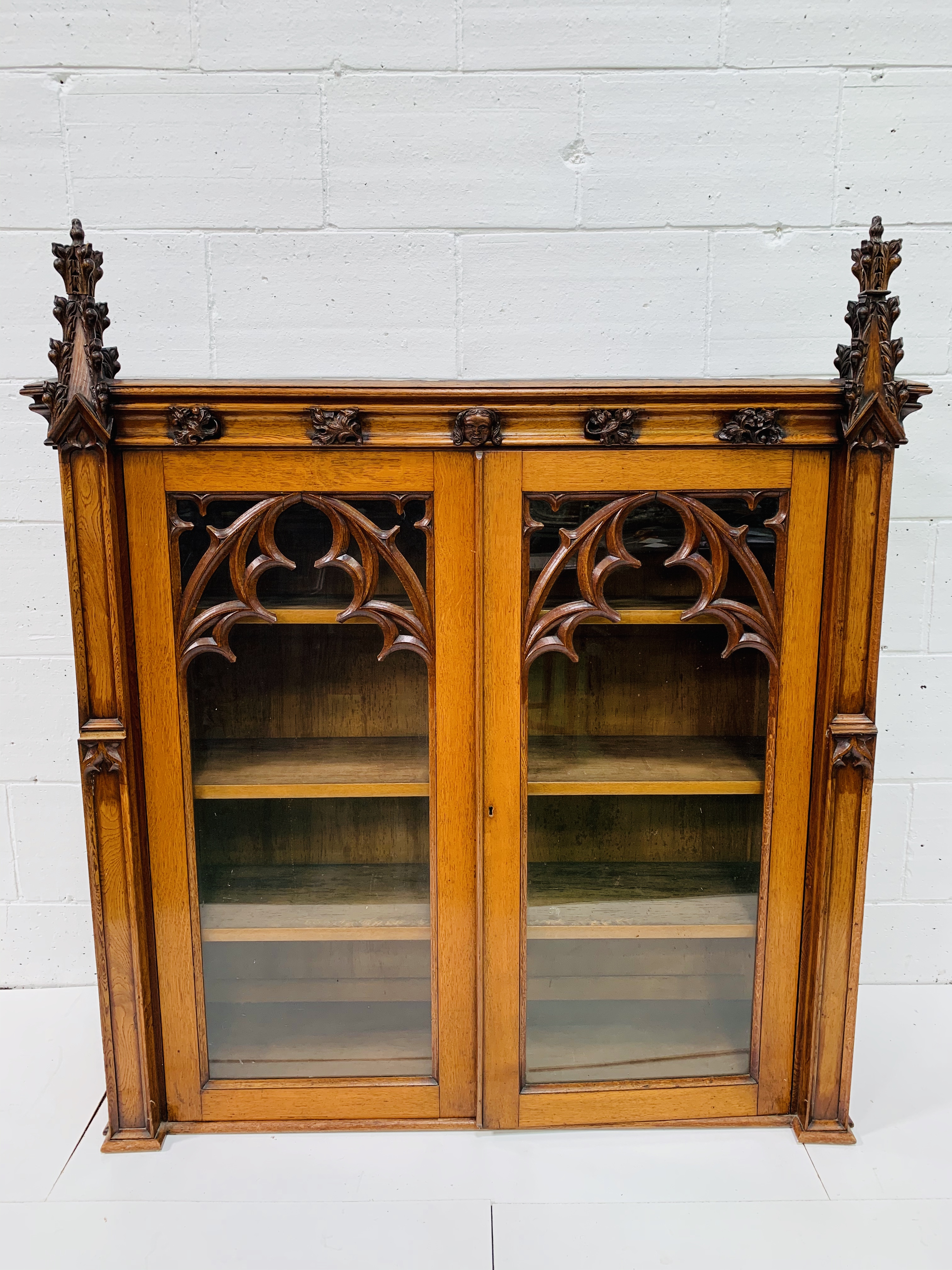 Victorian Gothic oak bookcase with glazed doors. - Image 4 of 6