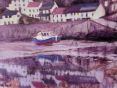 Liz Hood contemporary oil on board "Lynmouth Evening", three modern art paintings and one other