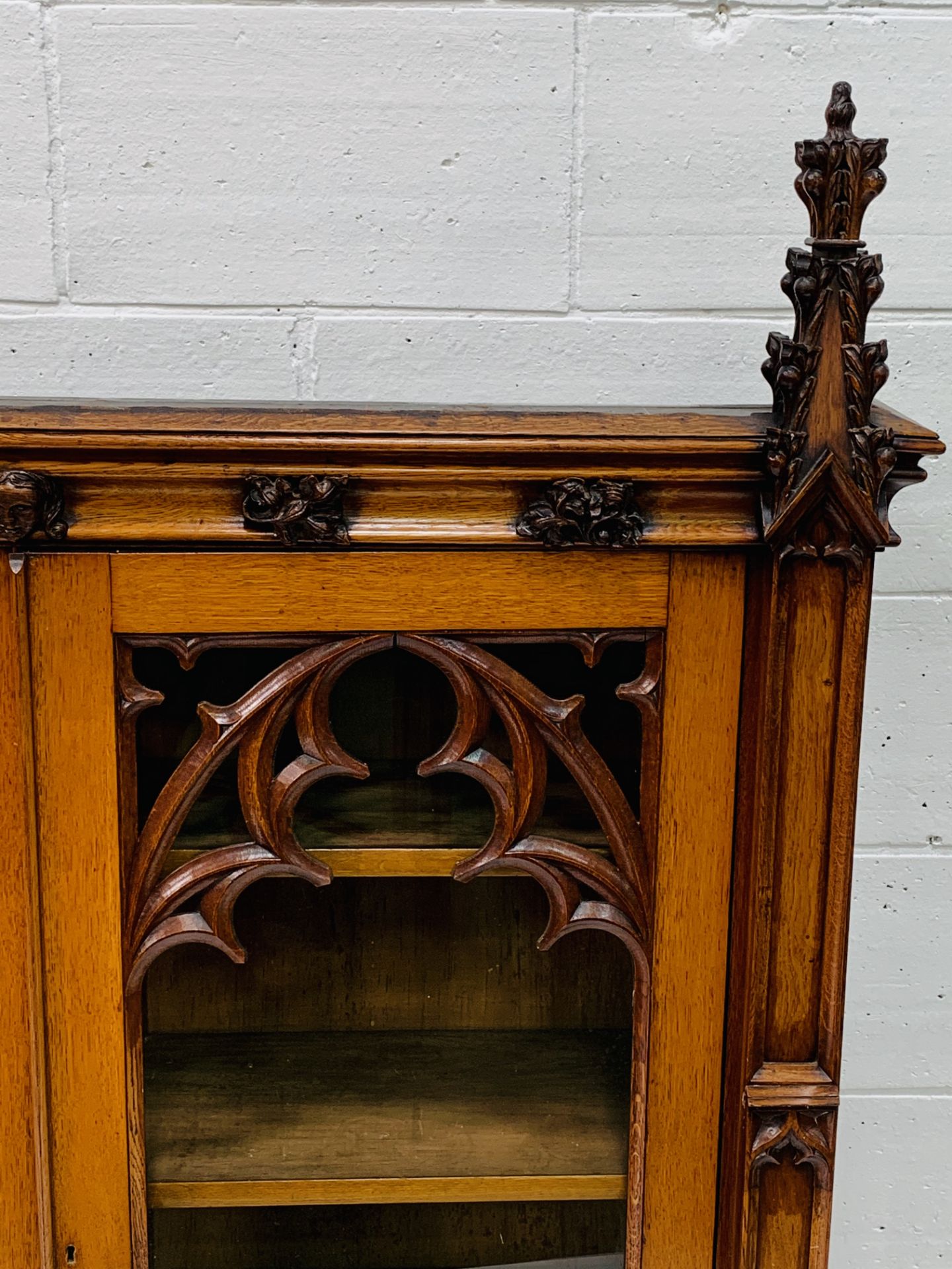Victorian Gothic oak bookcase with glazed doors. - Image 2 of 6