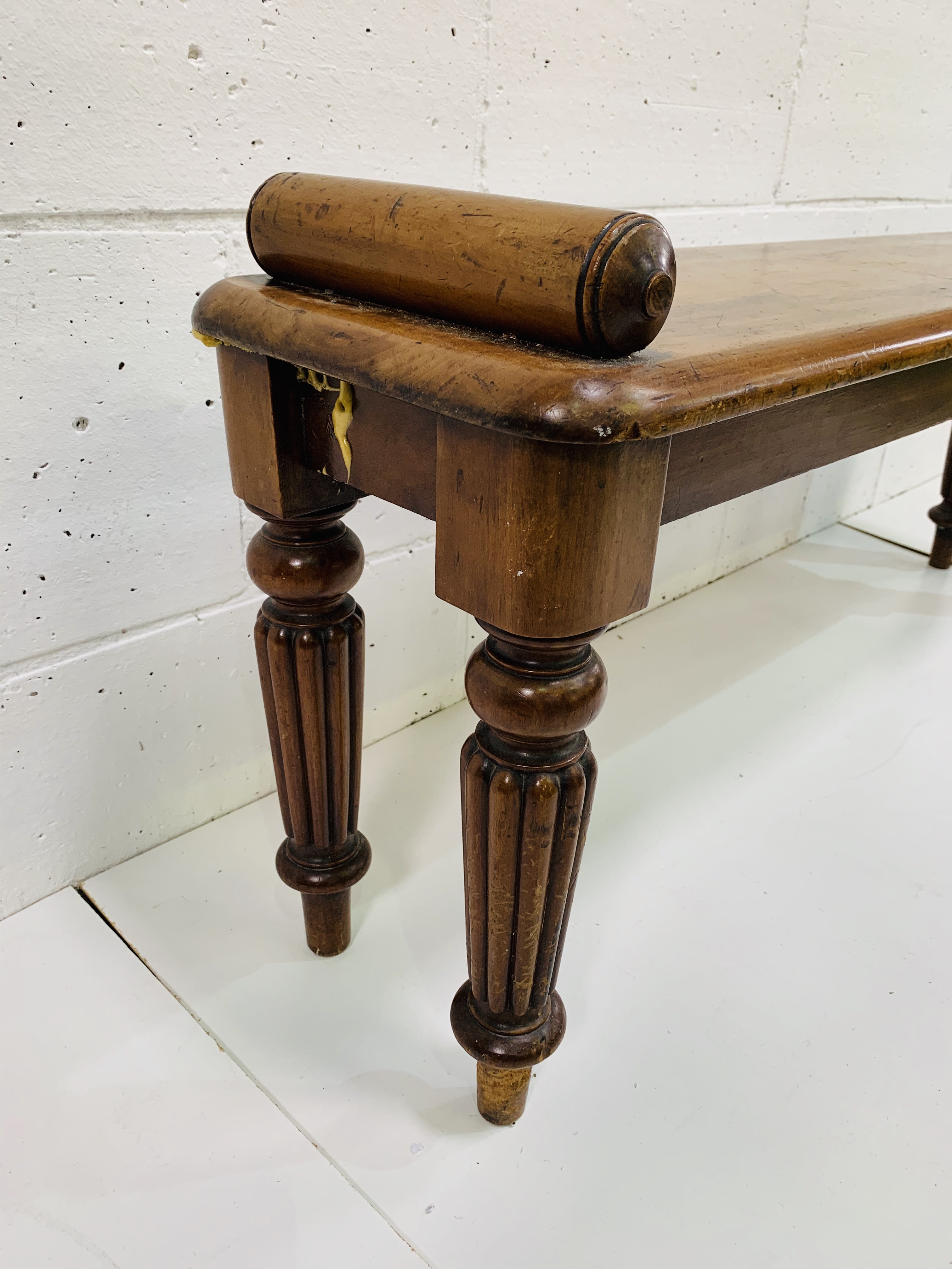 Mahogany hall bench with rolled ends on fluted legs. - Image 3 of 4