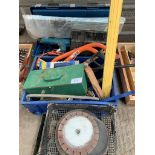 Plastic toolbox with tools, box of hand tools and cutting and polishing discs.