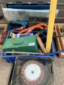 Plastic toolbox with tools, box of hand tools and cutting and polishing discs.