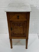 French oak white marble top pot cupboard with frieze drawer.
