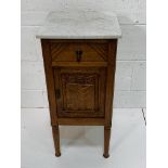 French oak white marble top pot cupboard with frieze drawer.