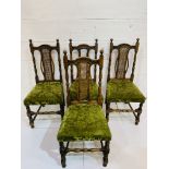 Set of four oak framed dining chairs upholstered in green velour.