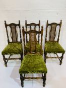 Set of four oak framed dining chairs upholstered in green velour.