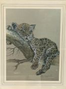 Framed and glazed print of a leopard cub in a tree and a James Dean photograph