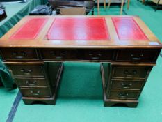 Mahogany pedestal desk with red leather skivers, three drawers to one pedestal and a filing cupboard