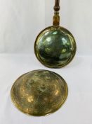 Brass bowl-shaped ornament together with a brass and copper long handled bed warming pan.