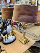 Pair of 4-arm brass table lamps with suede lampshades.