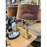 Pair of 4-arm brass table lamps with suede lampshades.