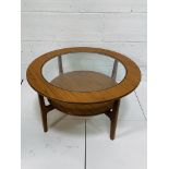 1970's Schreiber glass top circular low table with shelf, 84cms dia.