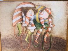 Joyce Roybal 1955 oil on board of two cyclists.