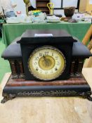 Wood case mantel clock, together with a French-style mantel clock on wood base, no glass on face