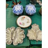 Two silver plated hors d'oeuvre dishes, together with a hand painted china bowl.