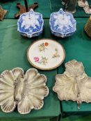 Two silver plated hors d'oeuvre dishes, together with a hand painted china bowl.