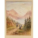 L Lewis watercolour of people on a mountain path dated 1899, 36 x 26cms. Estimate £30-40.