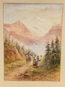 L Lewis watercolour of people on a mountain path dated 1899, 36 x 26cms. Estimate £30-40.