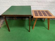 Low oak table with tile top on four splayed legs and a green baize covered card table