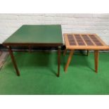 Low oak table with tile top on four splayed legs and a green baize covered card table