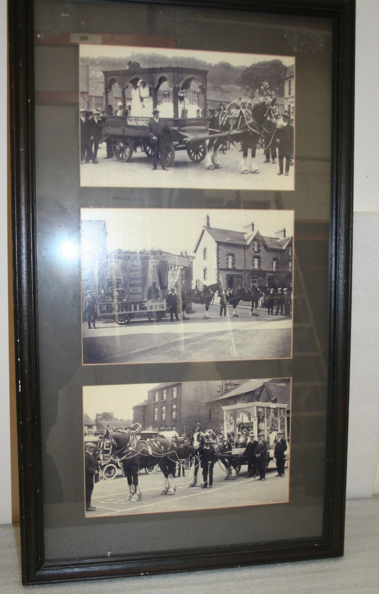 3 framed photographs of heavy horses and wagons, c1920 at Ulverston Hospital Parade