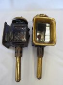 Pair of black/brass carriage lamps with square fronts; crack in one lens - carries VAT