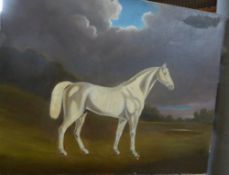 Unframed oil on canvas of a white horse, signed N Dowling '09, 61 x 76 cms.