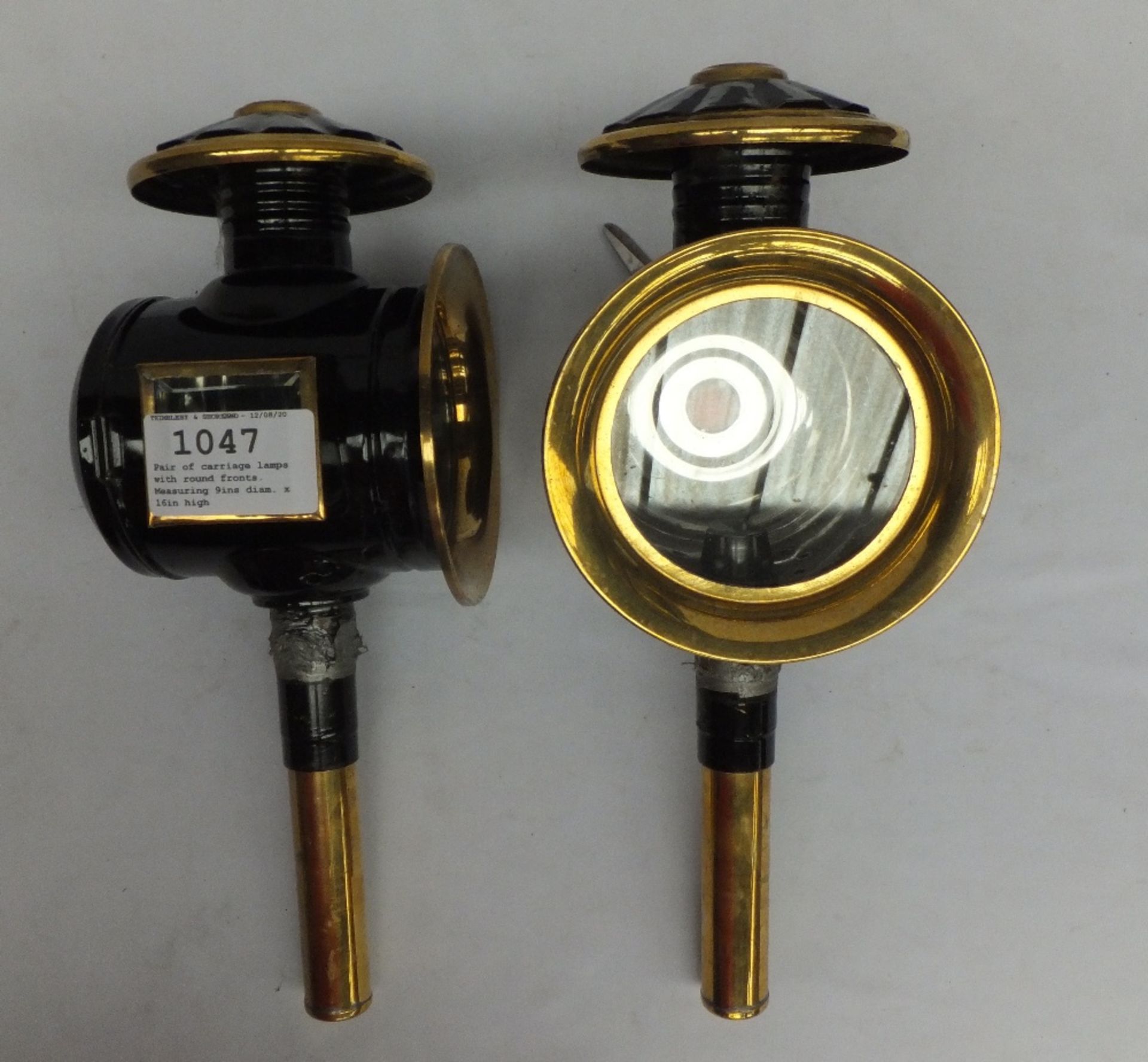 Pair of carriage lamps with round fronts. Measuring 9ins diam. x 16in high