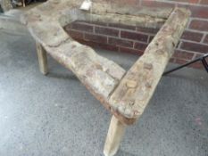 Late Victorian wheelwright's four-legged elm wheel horse bench.  Approx. measurements:  Top - narrow