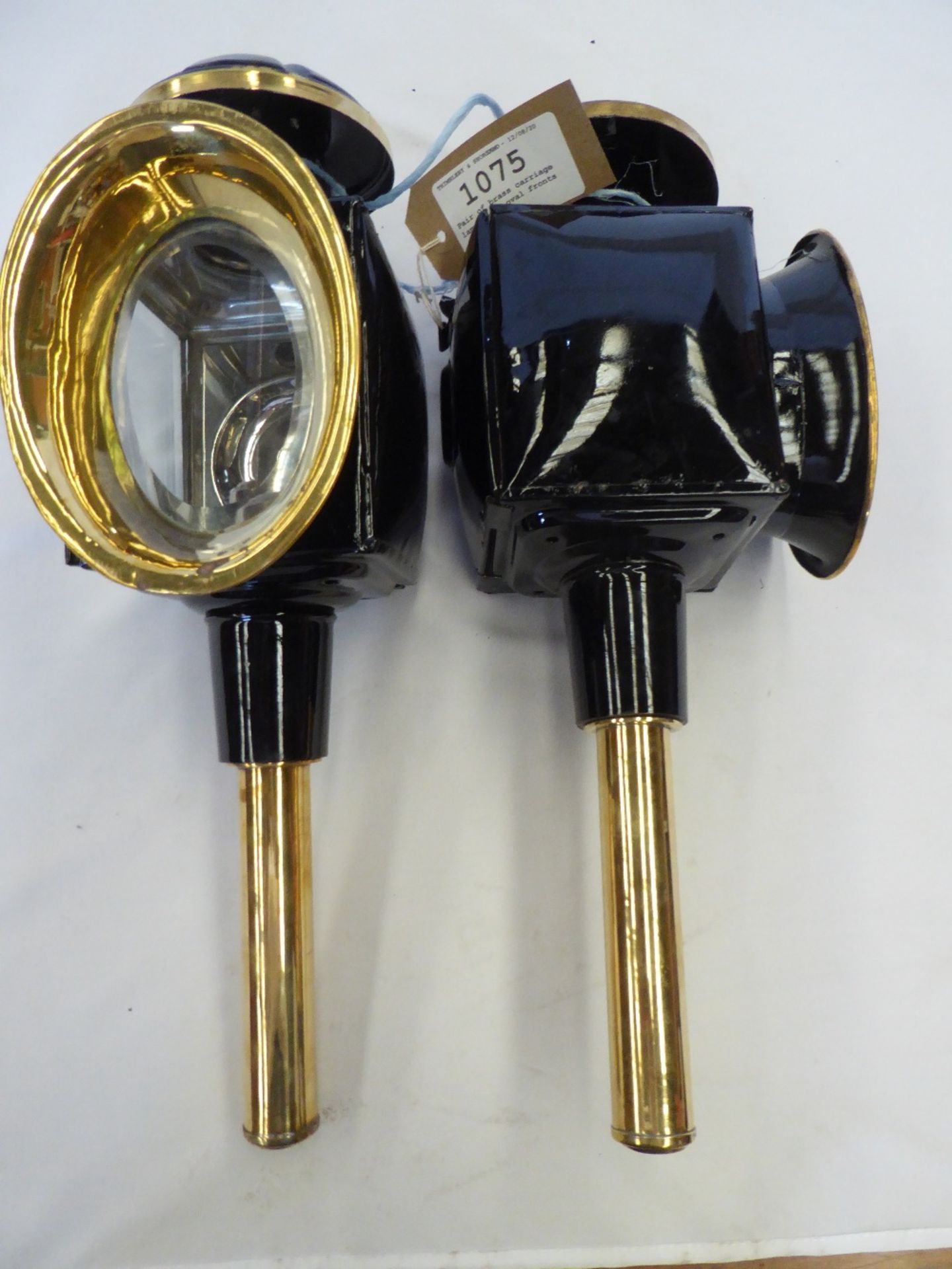 Pair of black/brass carriage lamps with oval fronts - carries VAT