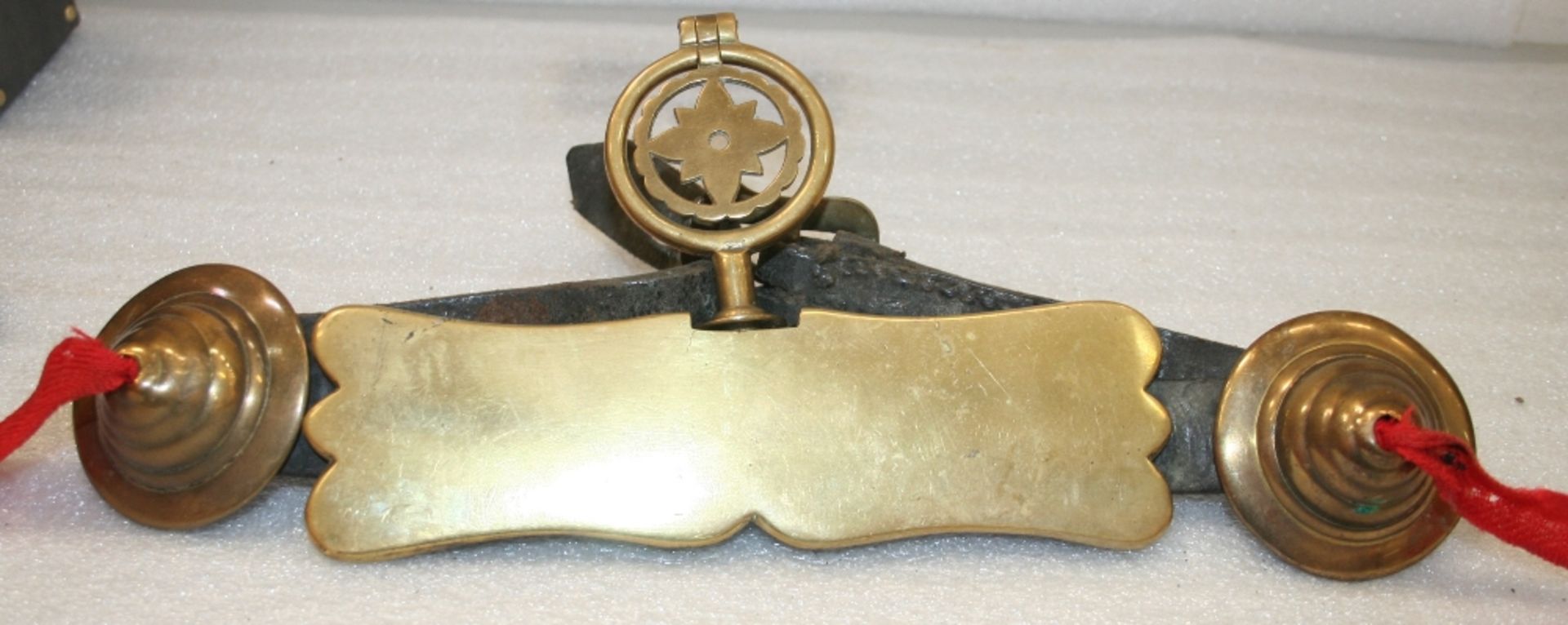 Large brass hame plate with swinger and two rosettes