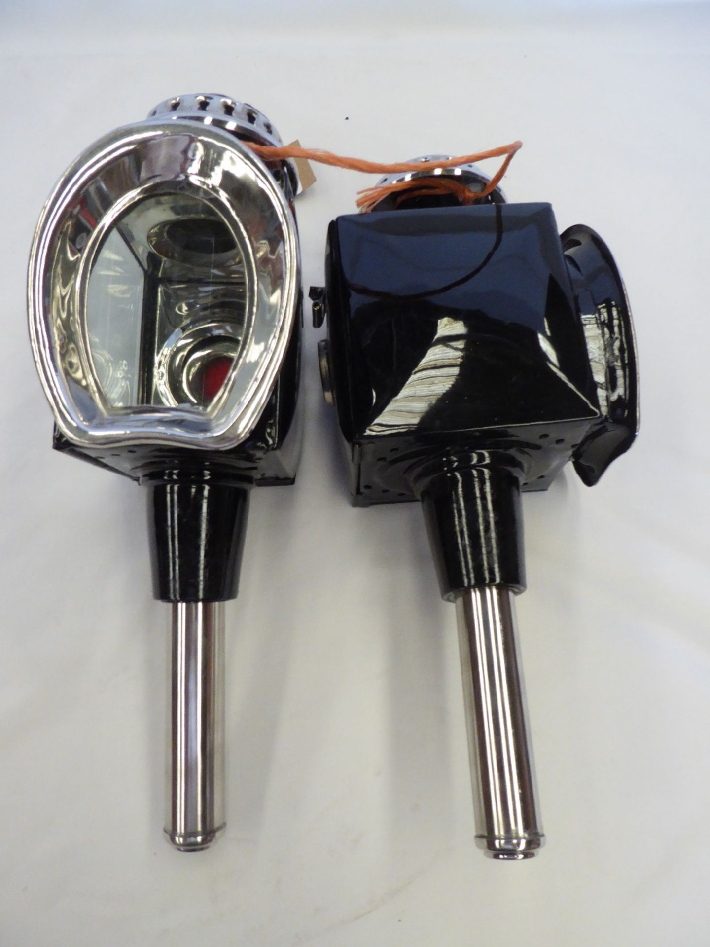 Pair of carriage lamps with horseshoe fronts and whitemetal trim - carries VAT