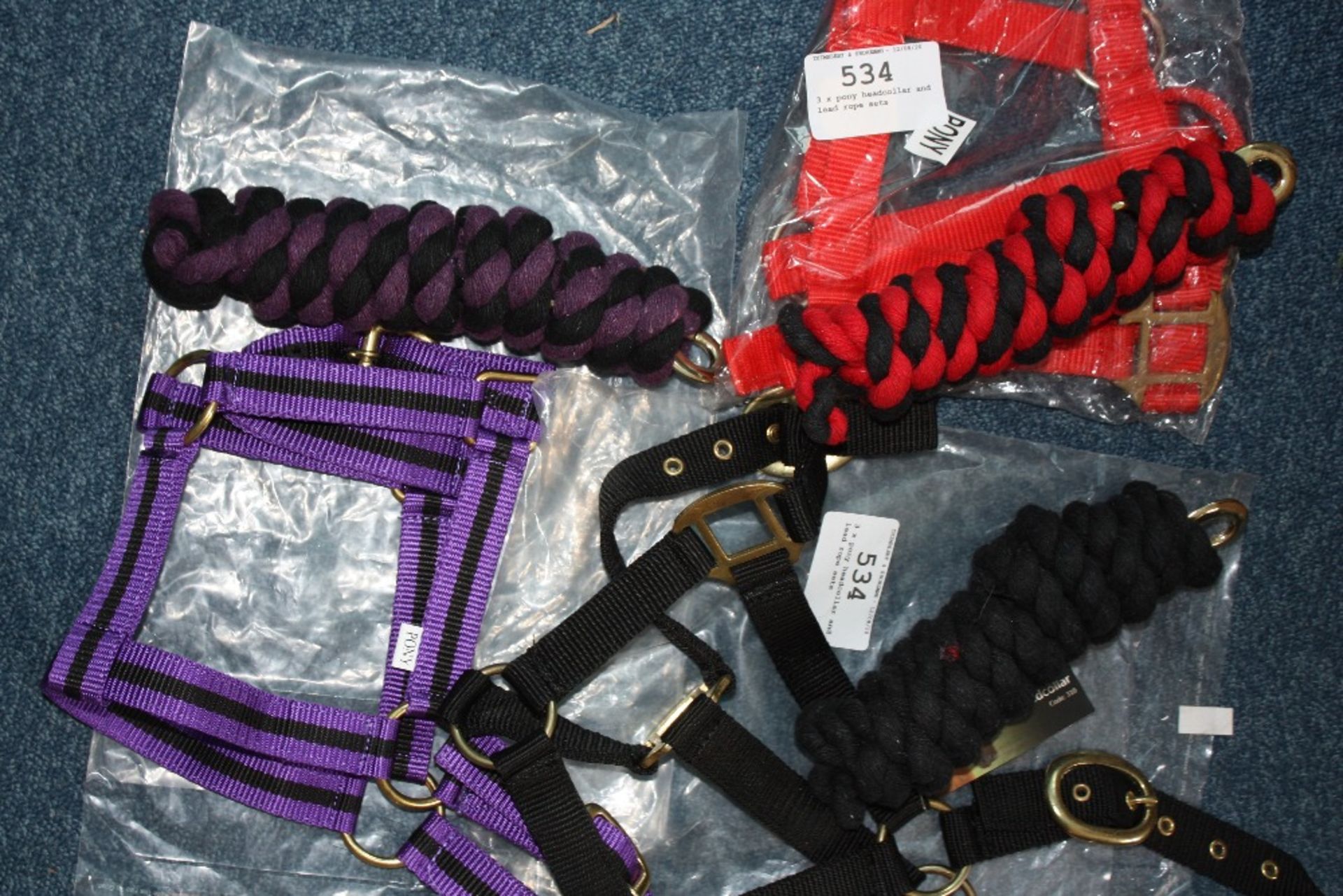 3 x pony headcollar and lead rope sets