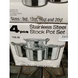 Four piece stainless steel stock pot set.