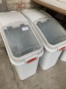 Three Rubbermaid 3600 ingredients bins with scoops..