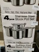 Four piece stainless steel stock pot set.