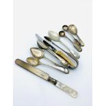 Five pieces of silver cutlery and a silver pendant, total weight 4.0ozt, together with other cutlery