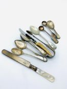 Five pieces of silver cutlery and a silver pendant, total weight 4.0ozt, together with other cutlery