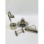 Silver plate Walker and Hall inkwell; chatelaine purse; silver plated tableware; and flatware.