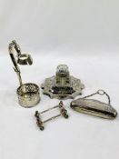 Silver plate Walker and Hall inkwell; chatelaine purse; silver plated tableware; and flatware.