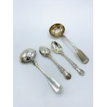 2 Victorian silver ladles and 2 decorative Victorian silver teaspoons