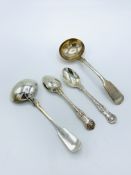 2 Victorian silver ladles and 2 decorative Victorian silver teaspoons