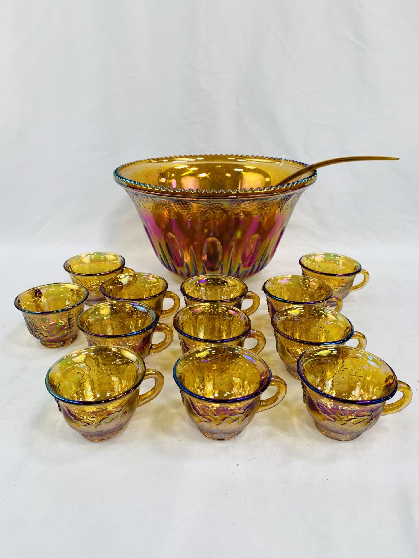 Iridescent glass punch bowl with 12 cups. - Image 3 of 3