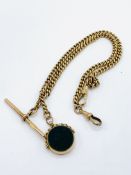 9ct gold pocket watch fob with plain bezelled red and green seal, length of fob 40cms, weight 42gms.
