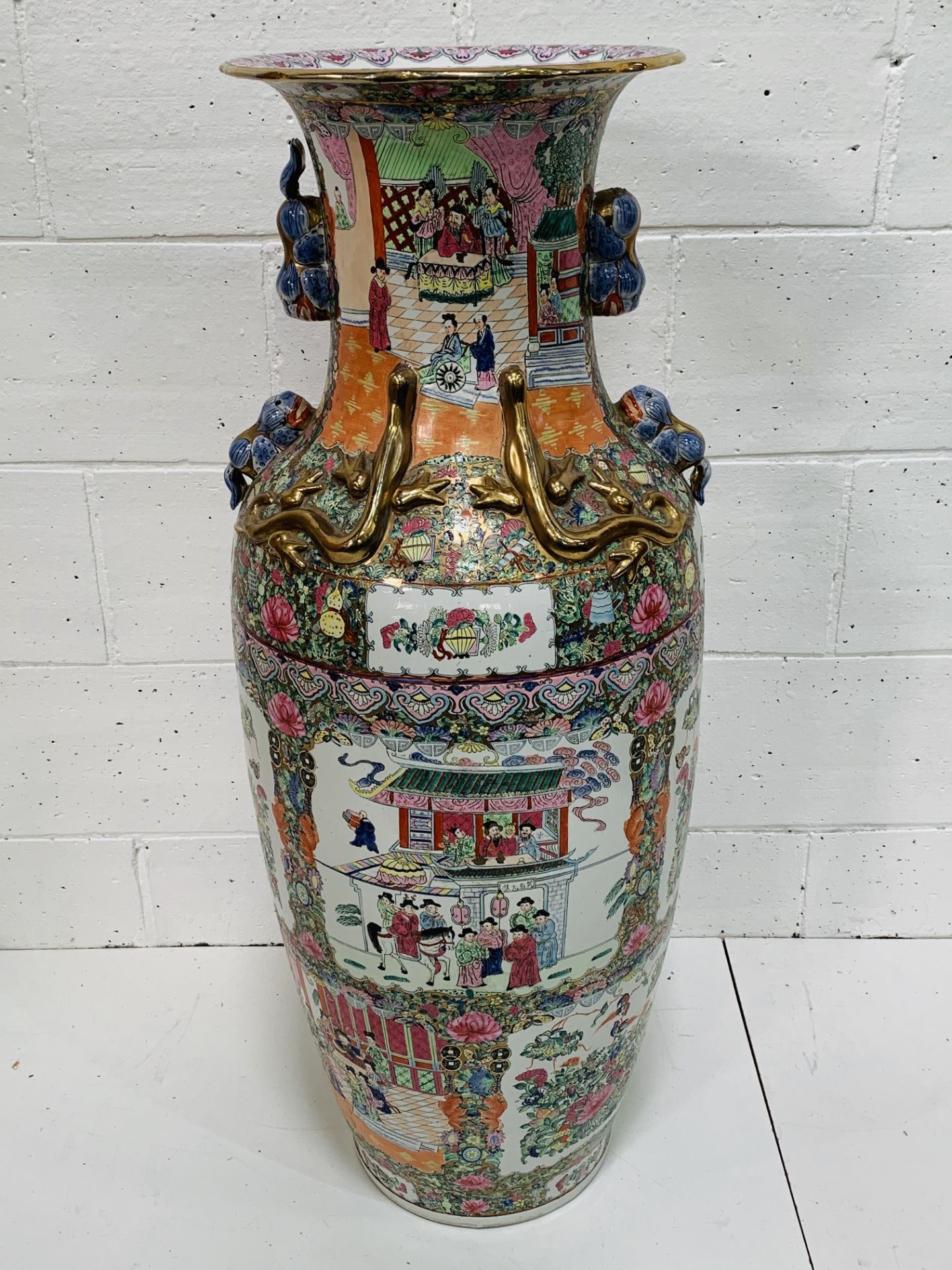 Large hand painted Chinese doorway vase, Famille Rose design, 122cms.