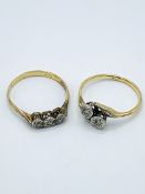 18ct gold and 3 diamond ring, size M, weight 1.6 gms; together with an 18ct gold and 2 diamond ring,