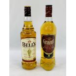 Bottle Grants whisky 70cl and bottle of Bells Whisky 70cl.