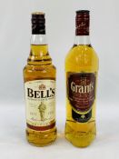 Bottle Grants whisky 70cl and bottle of Bells Whisky 70cl.