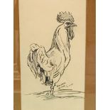 Framed and glazed pencil drawing of a rooster signed Rowland W Hill.