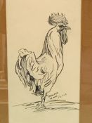 Framed and glazed pencil drawing of a rooster signed Rowland W Hill.